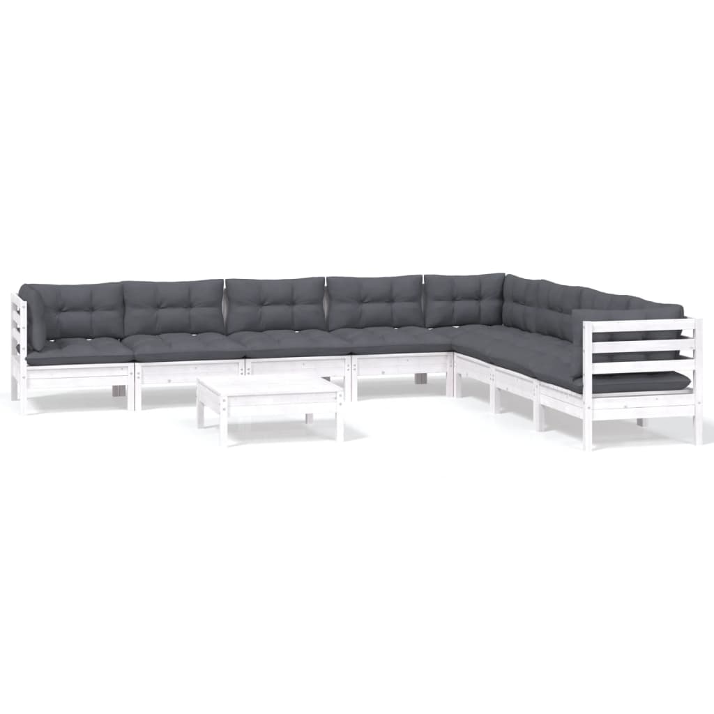 Salon de jardin 9 pcs avec coussins blanc bois de pin massif