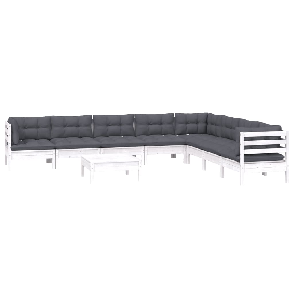 Salon de jardin 9 pcs avec coussins blanc bois de pin massif