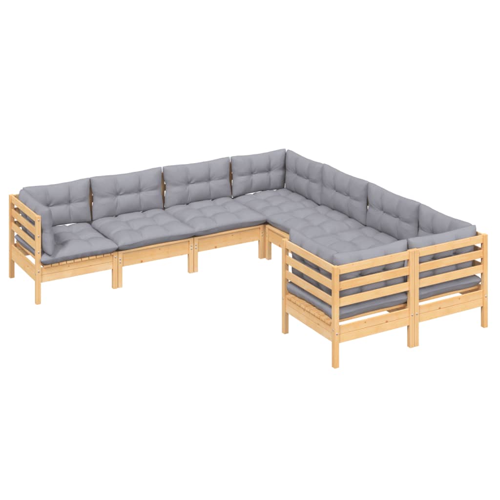 Salon de jardin 8 pcs avec coussins gris Bois de pin massif