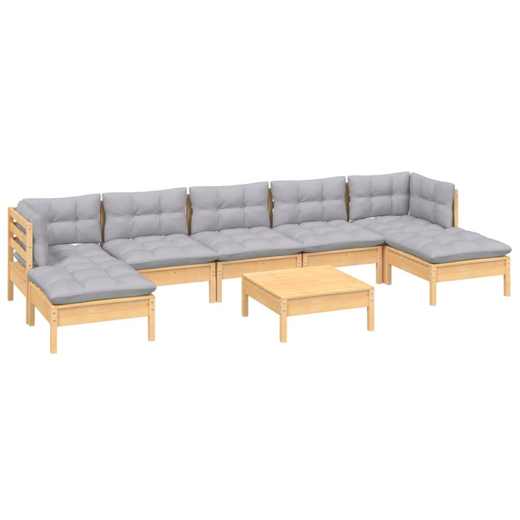 Salon de jardin 8 pcs avec coussins gris Bois de pin