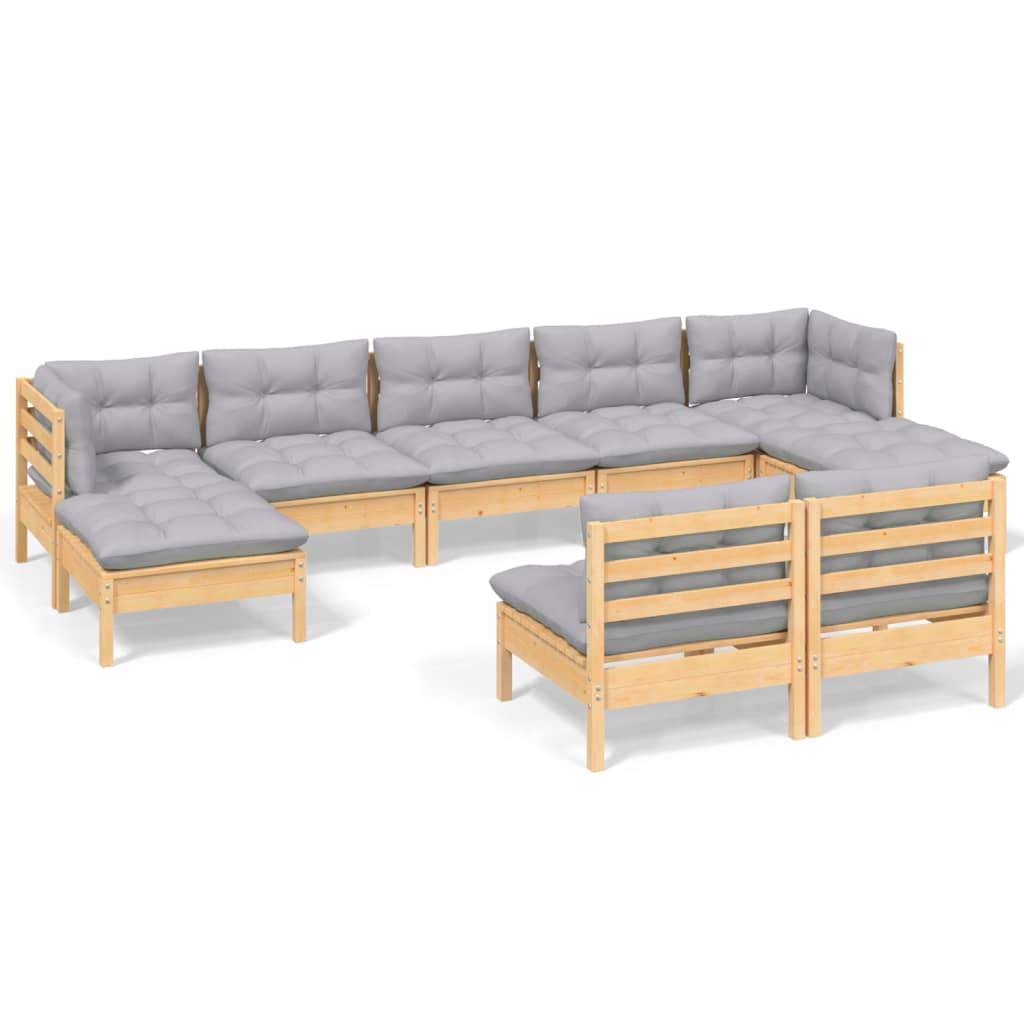 Salon de jardin 9 pcs avec coussins gris bois de pin