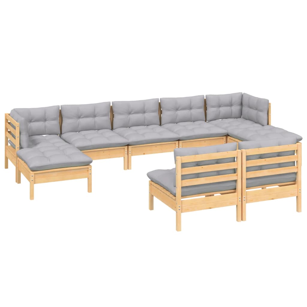 Salon de jardin 9 pcs avec coussins gris bois de pin