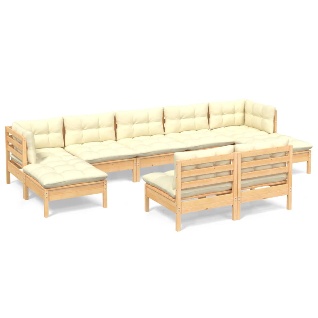 Salon de jardin 9 pcs avec coussins crème bois de pin