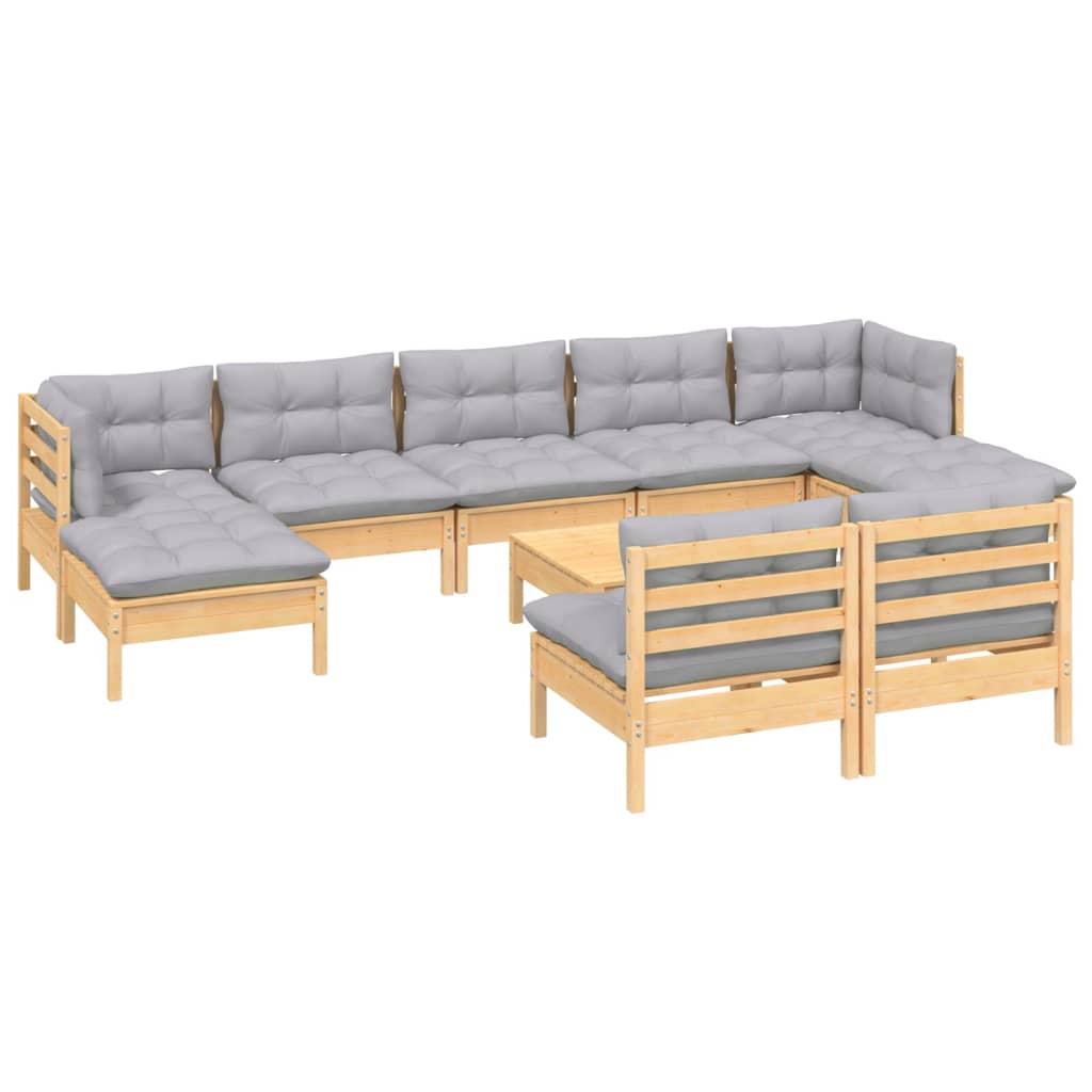 Salon de jardin 10 pcs avec coussins gris Bois de pin