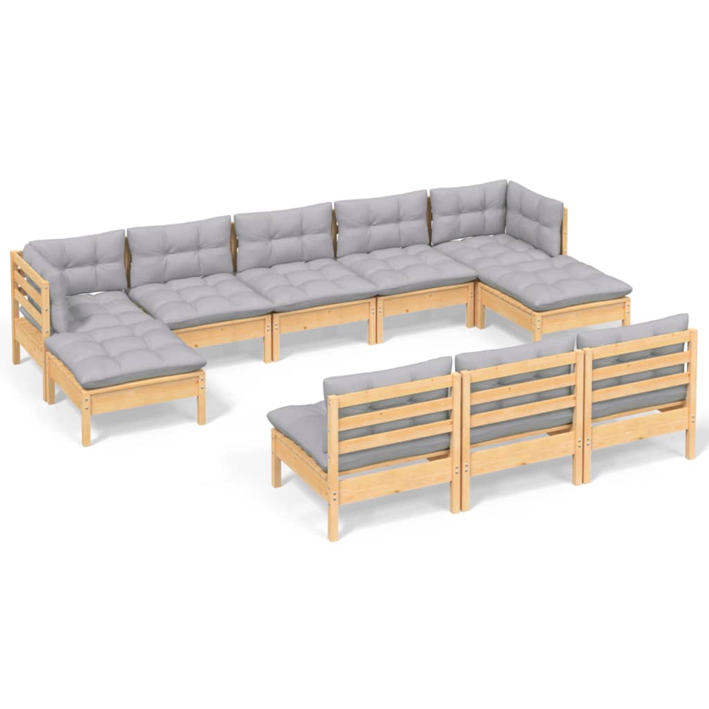 Salon de jardin 10 pcs avec coussins gris Bois de pin
