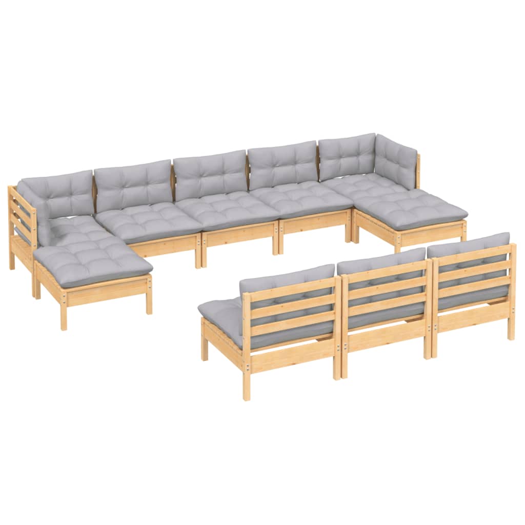 Salon de jardin 10 pcs avec coussins gris Bois de pin
