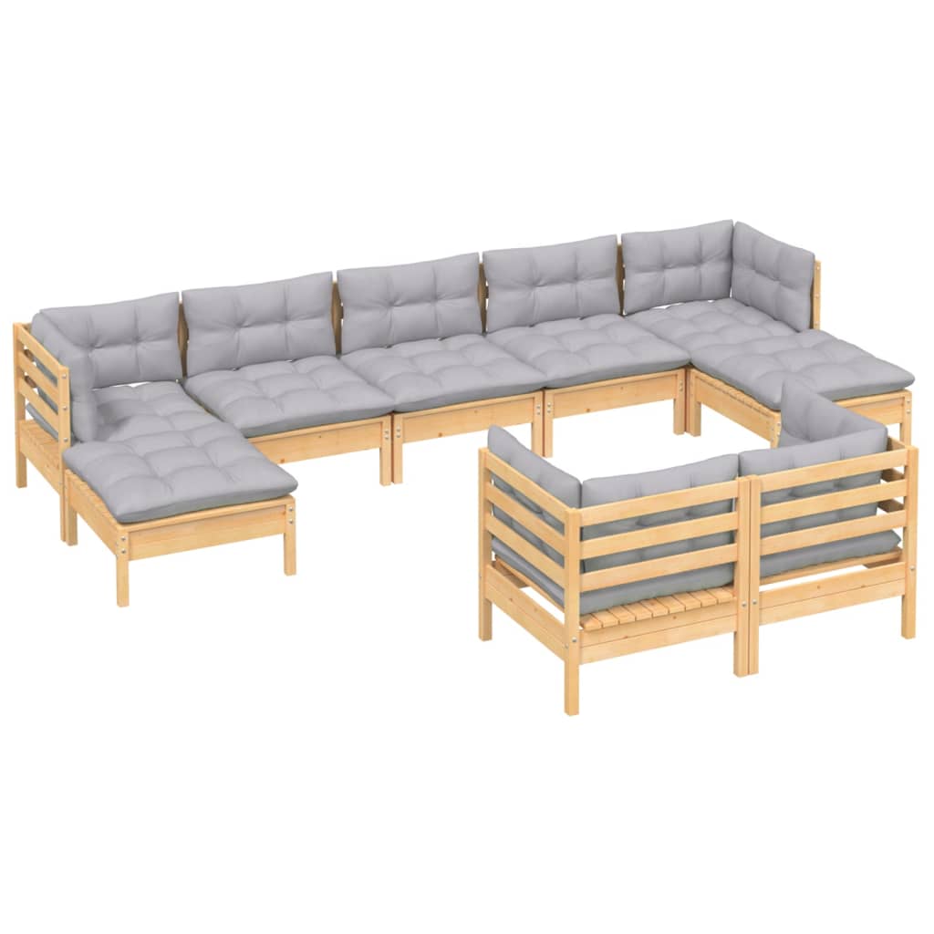 Salon de jardin 9 pcs avec coussins gris bois de pin massif