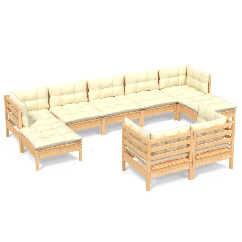 Salon de jardin 9 pcs avec coussins crème bois de pin massif