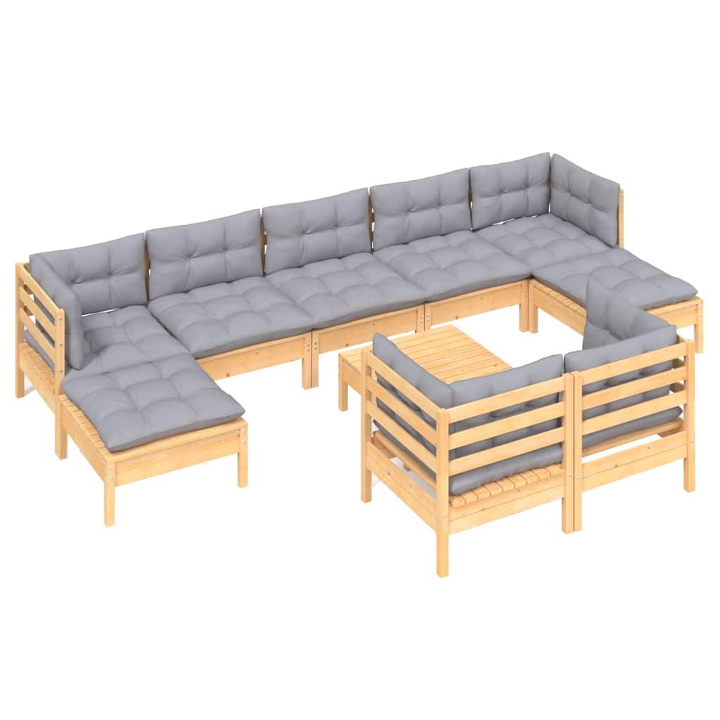 Salon de jardin 10 pcs avec coussins gris bois de pin massif