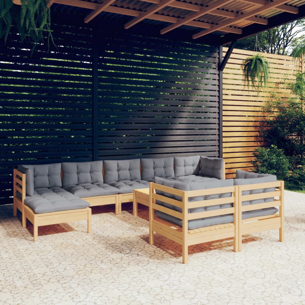 Salon de jardin 10 pcs avec coussins gris bois de pin massif