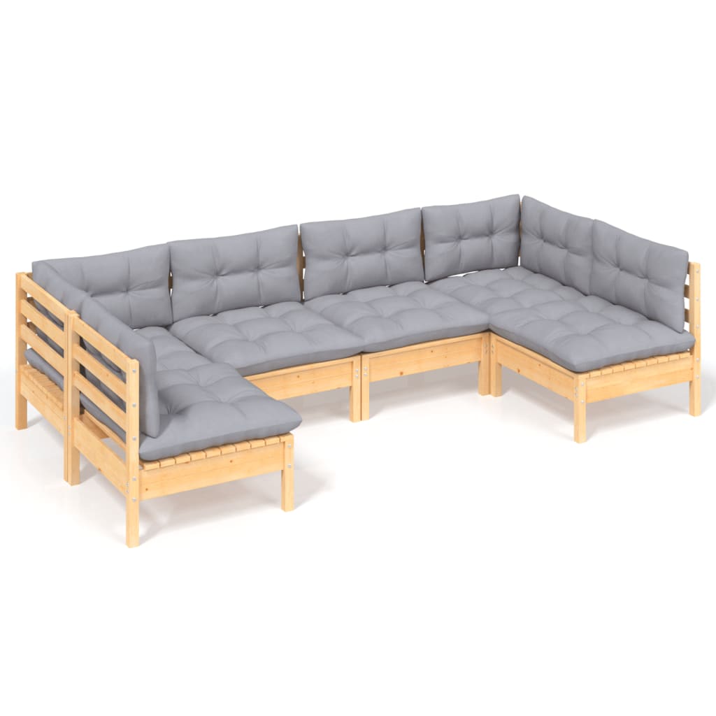 Salon de jardin 6 pcs avec coussins gris Bois de pin massif