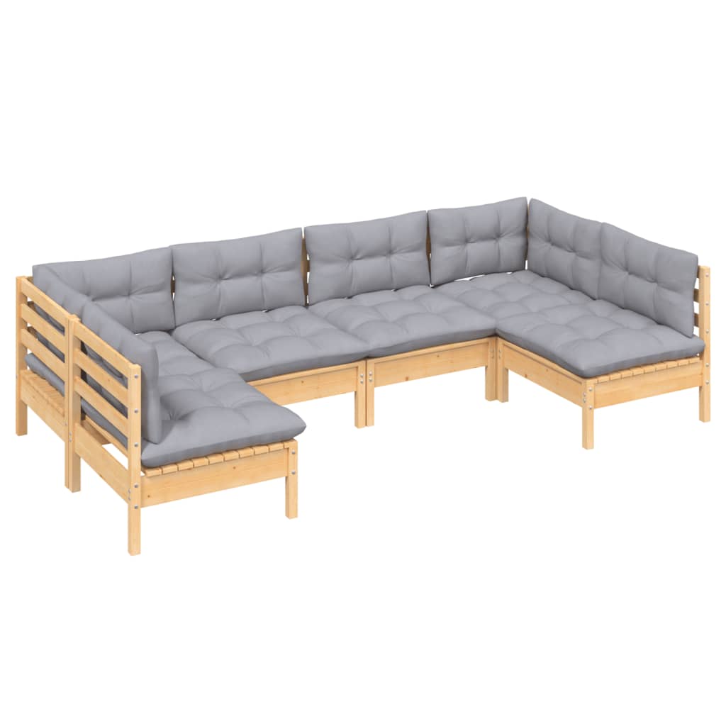 Salon de jardin 6 pcs avec coussins gris Bois de pin massif