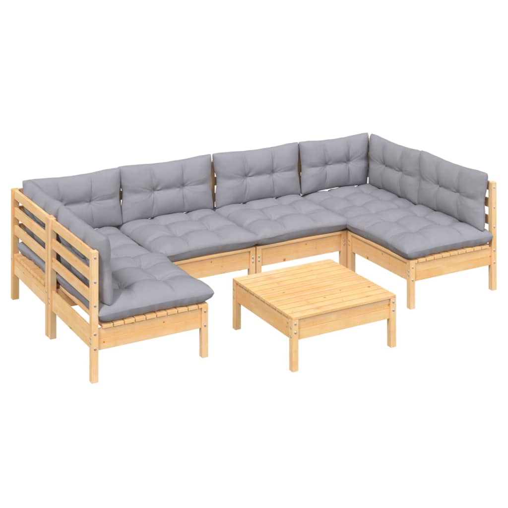 Salon de jardin 7 pcs avec coussins gris bois de pin massif