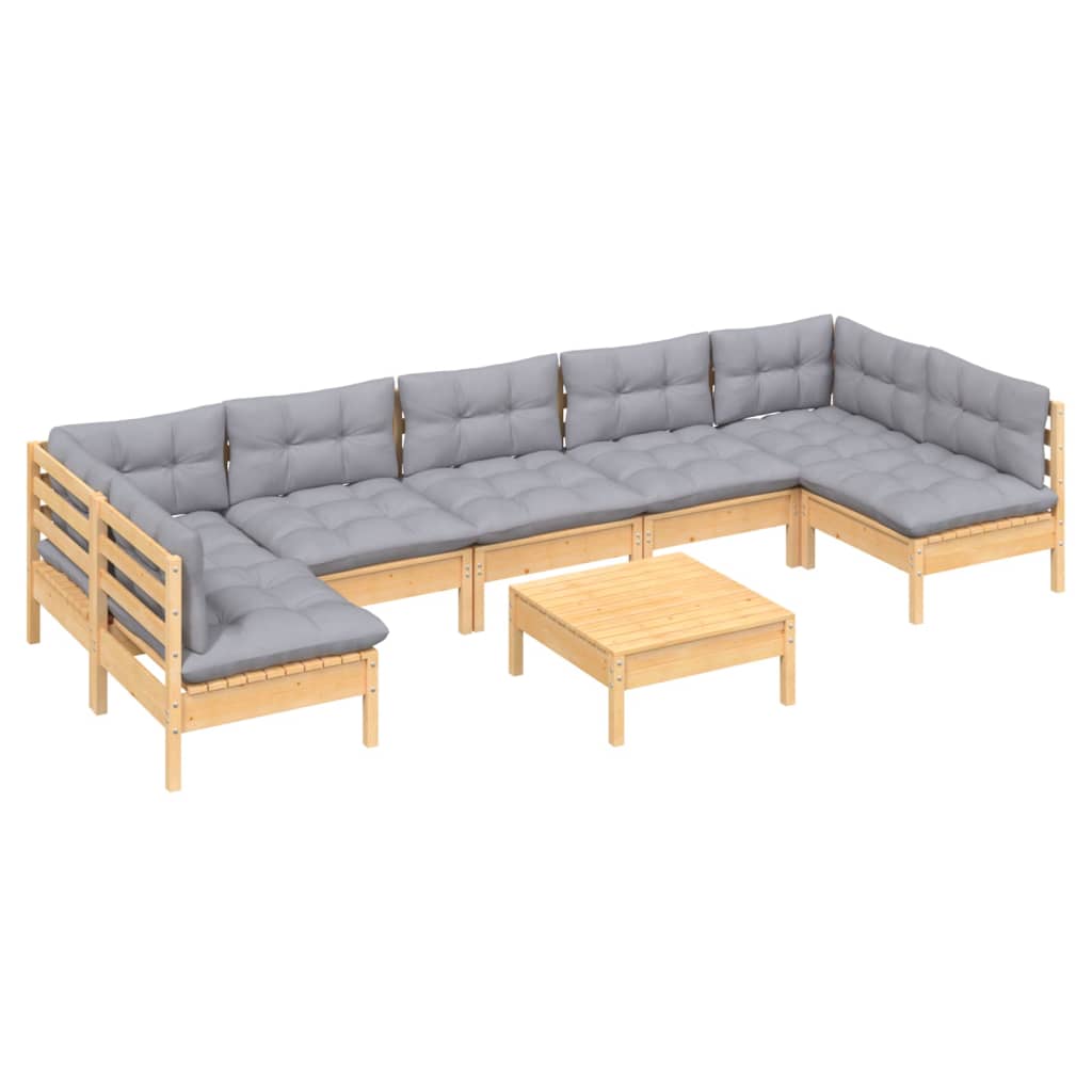 Salon de jardin 8 pcs avec coussins gris Bois de pin massif