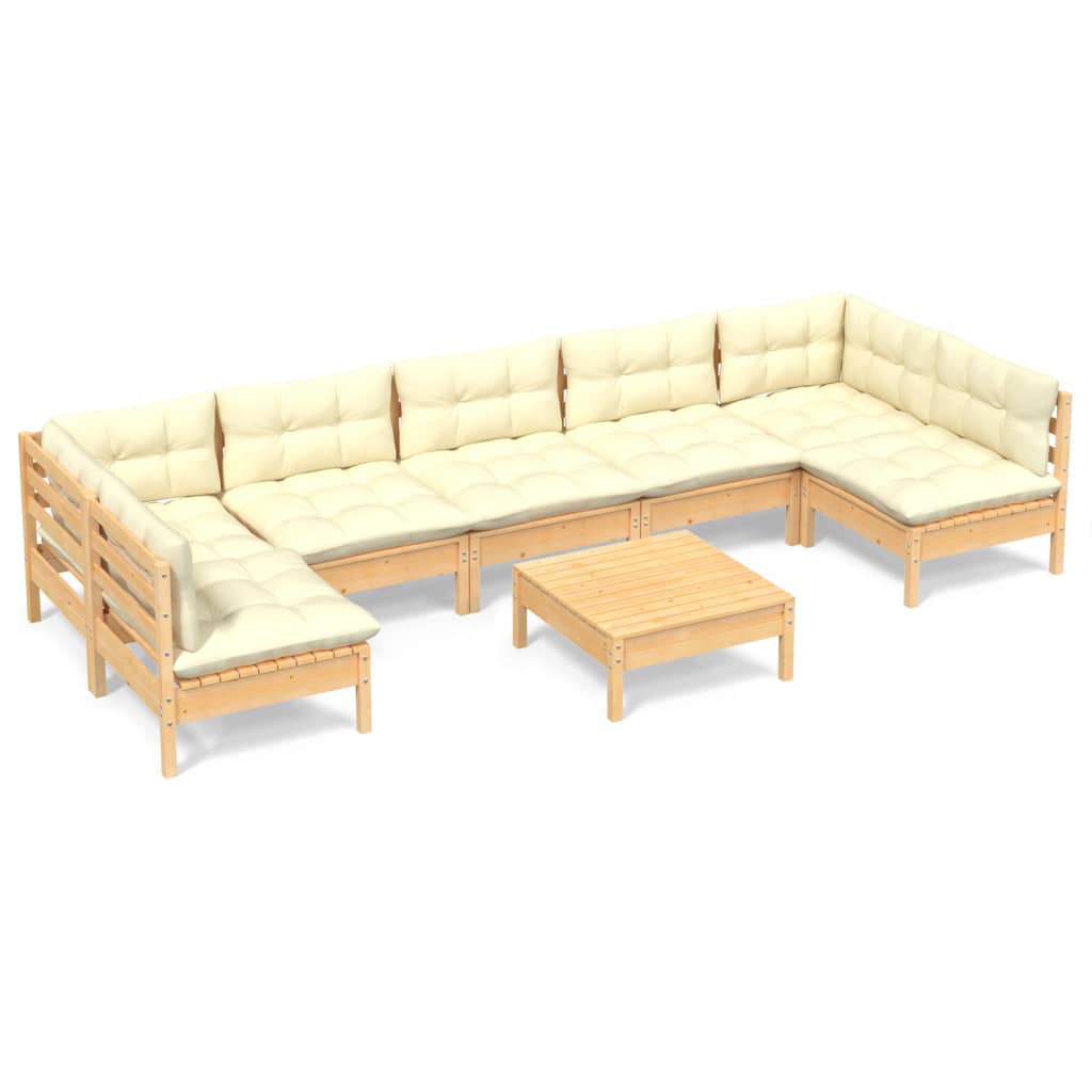 Salon de jardin 8 pcs avec coussins crème Bois de pin massif