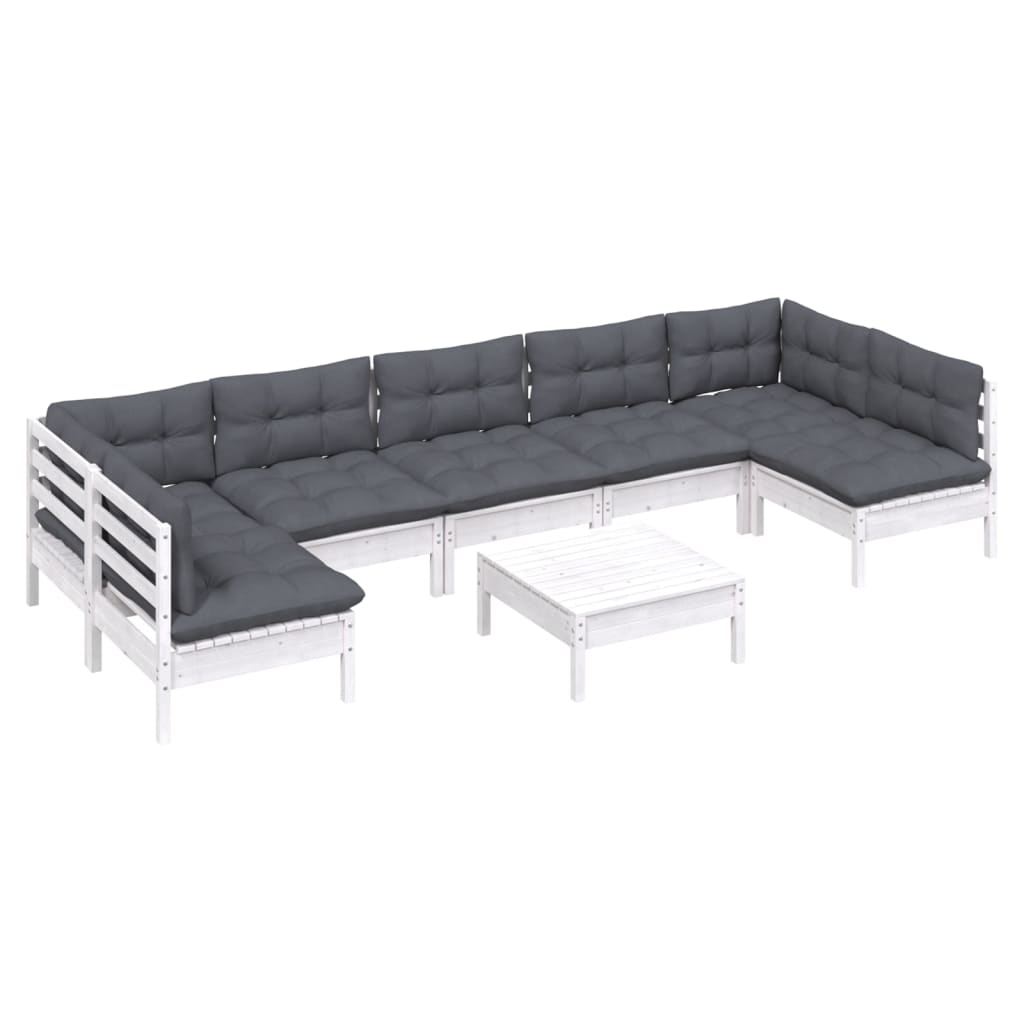 Salon de jardin 8 pcs avec coussins blanc bois de pin massif