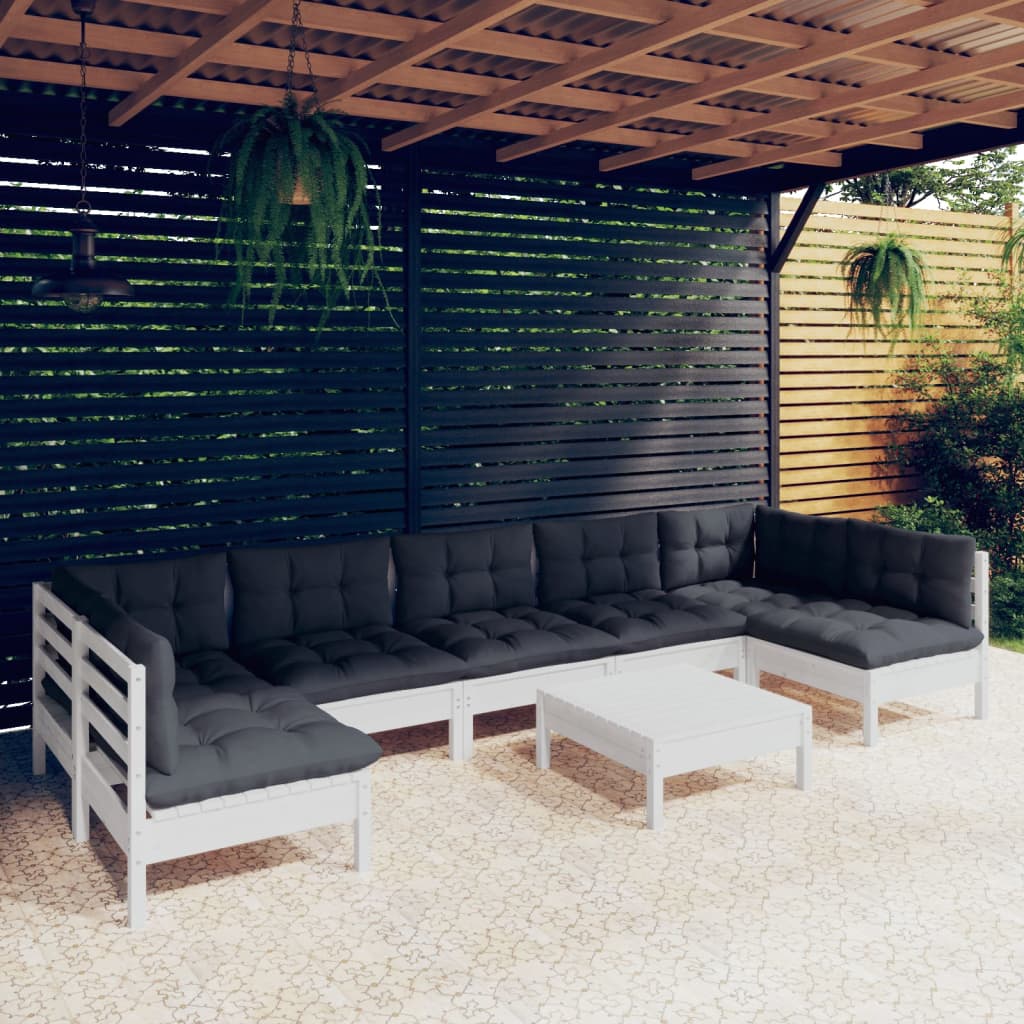 Salon de jardin 8 pcs avec coussins blanc bois de pin massif