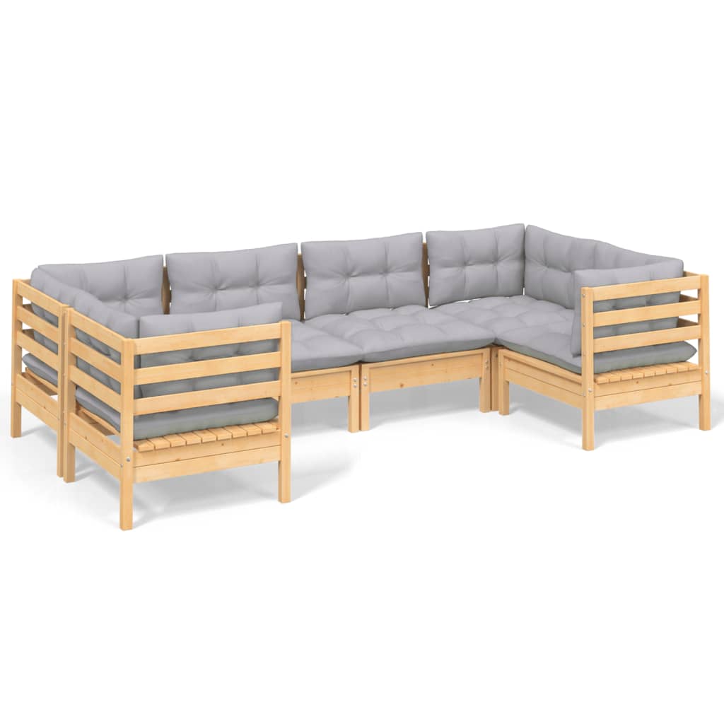 Salon de jardin 6 pcs avec coussins gris bois de pin