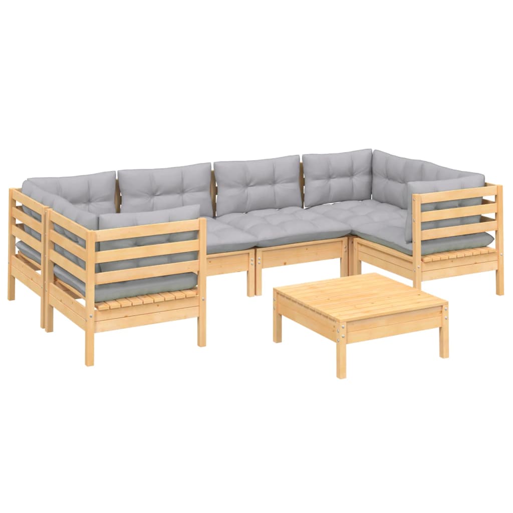 Salon de jardin 7 pcs avec coussins gris bois de pin