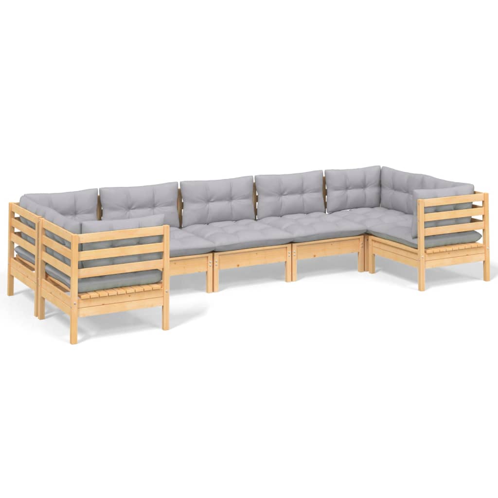 Salon de jardin 7 pcs avec coussins gris bois de pin