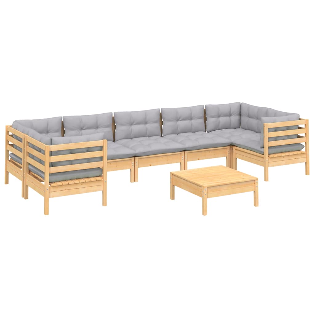 Salon de jardin 8 pcs avec coussins gris Bois de pin