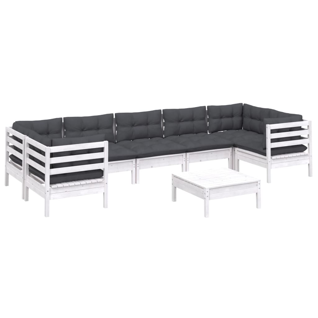 Salon de jardin 8 pcs avec coussins blanc bois de pin