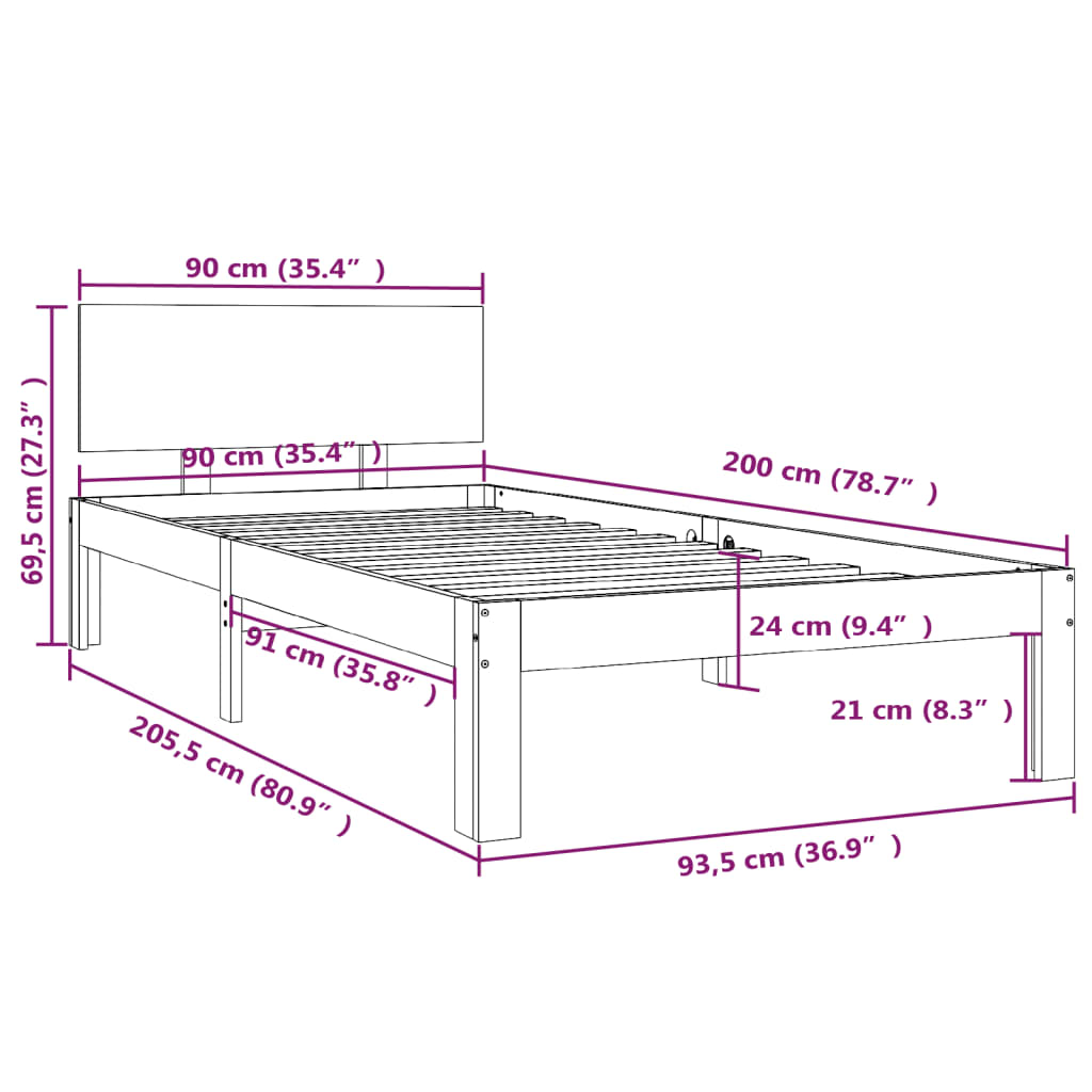 Cadre de lit sans matelas blanc bois de pin massif 90x200 cm - XIOS