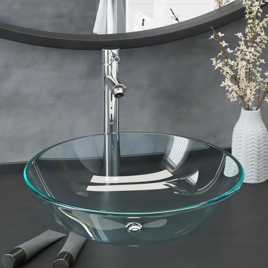 Lavabo de bain avec robinet et drain à poussoir Verre trempé Lavabos vidaXL