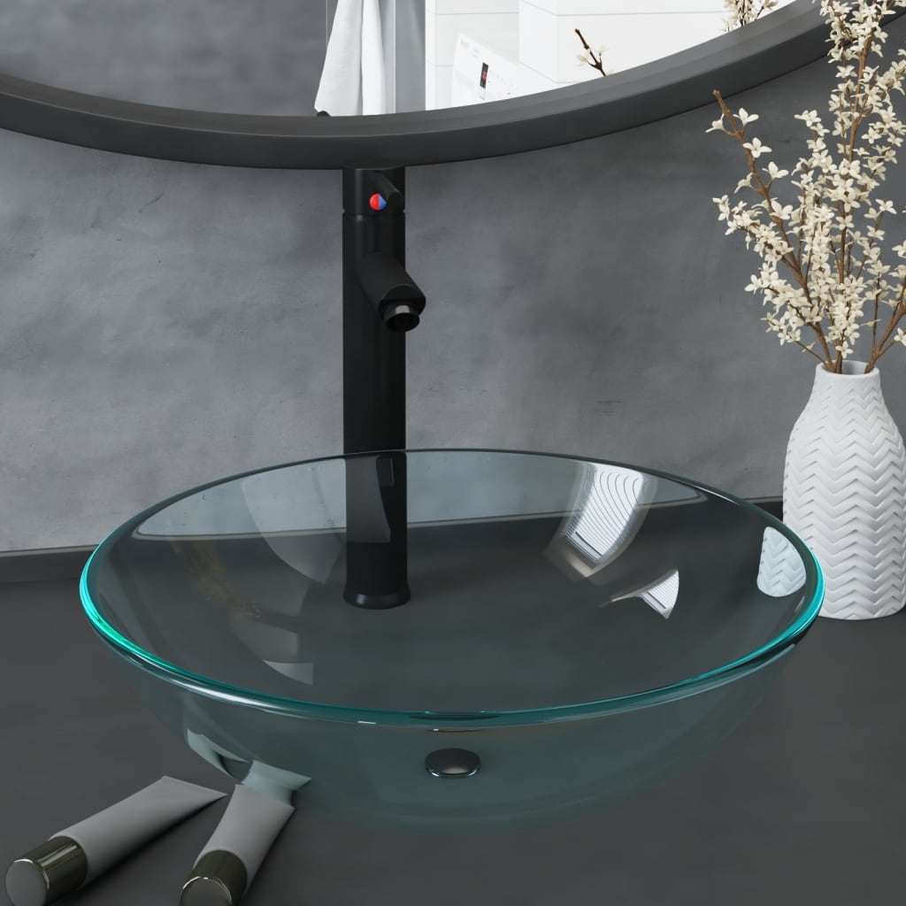 Lavabo de bain avec robinet et drain à poussoir Verre trempé Lavabos vidaXL