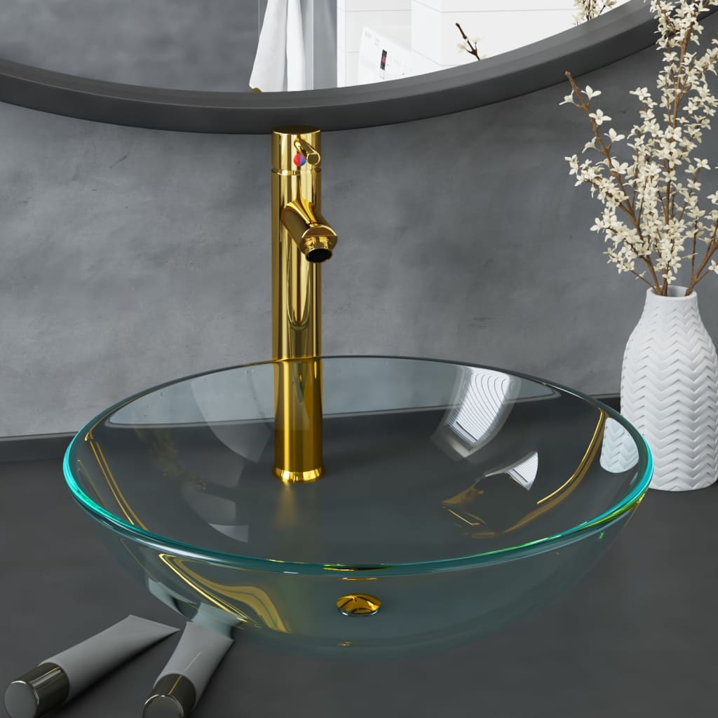 Lavabo de bain avec robinet et drain à poussoir Verre trempé Lavabos vidaXL