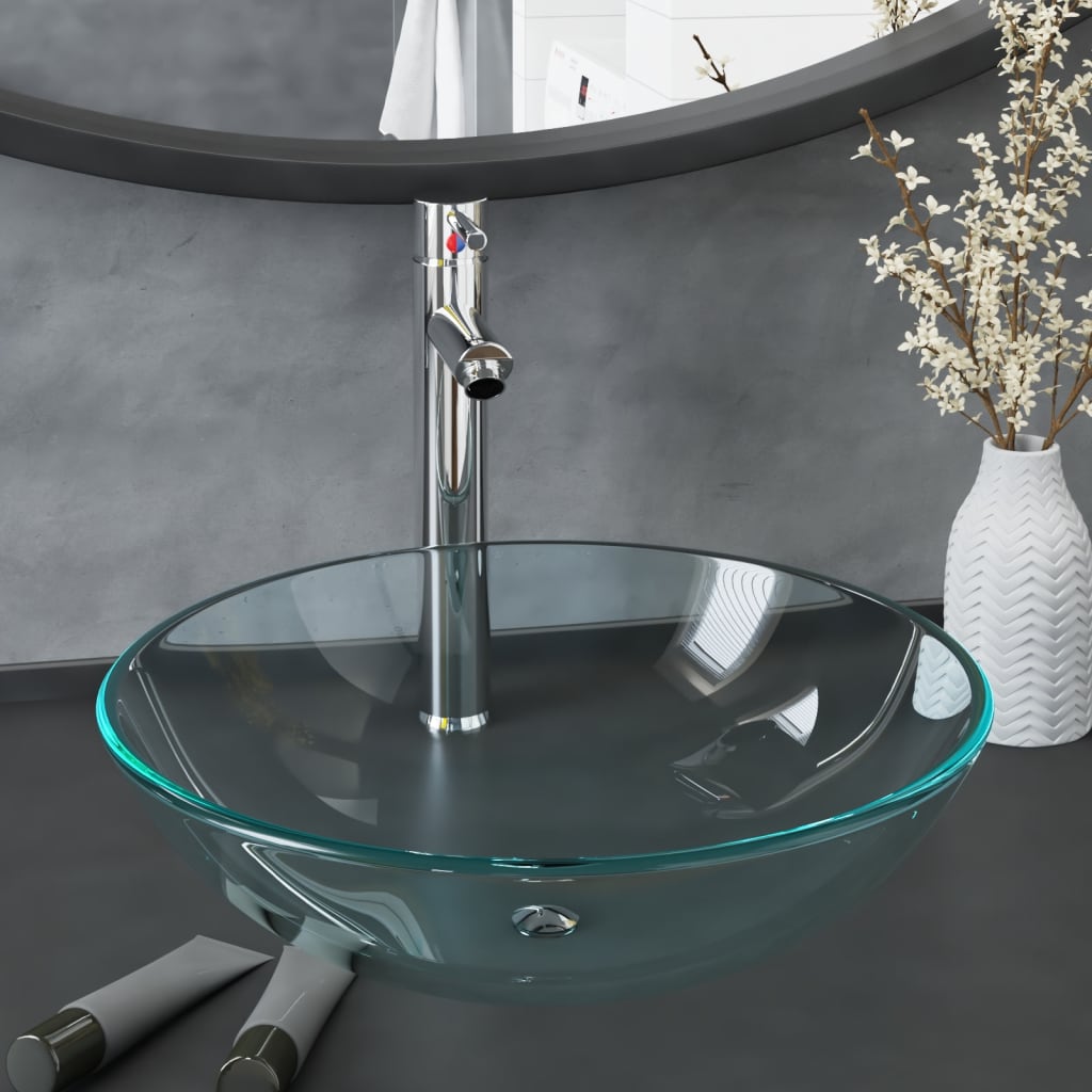 Lavabo de bain avec robinet et drain à poussoir Verre trempé Lavabos vidaXL