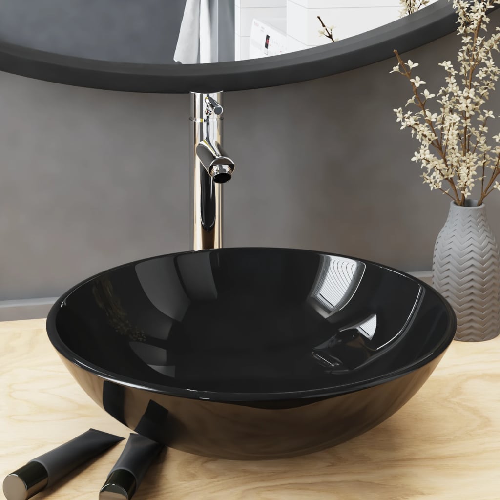 Lavabo de bain avec robinet et drain à poussoir Verre trempé Lavabos vidaXL
