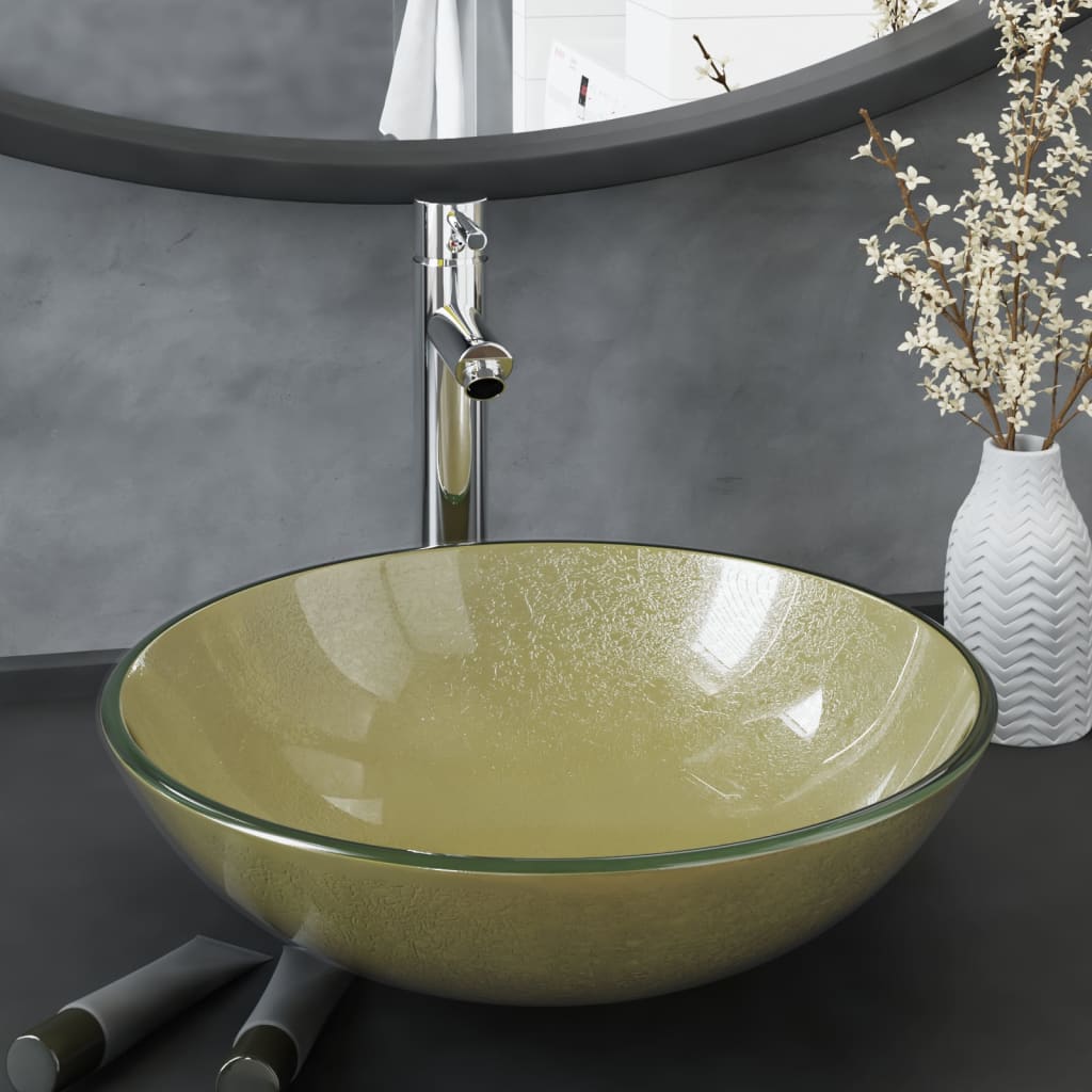 Lavabo de bain avec robinet et drain à poussoir Verre trempé Lavabos vidaXL