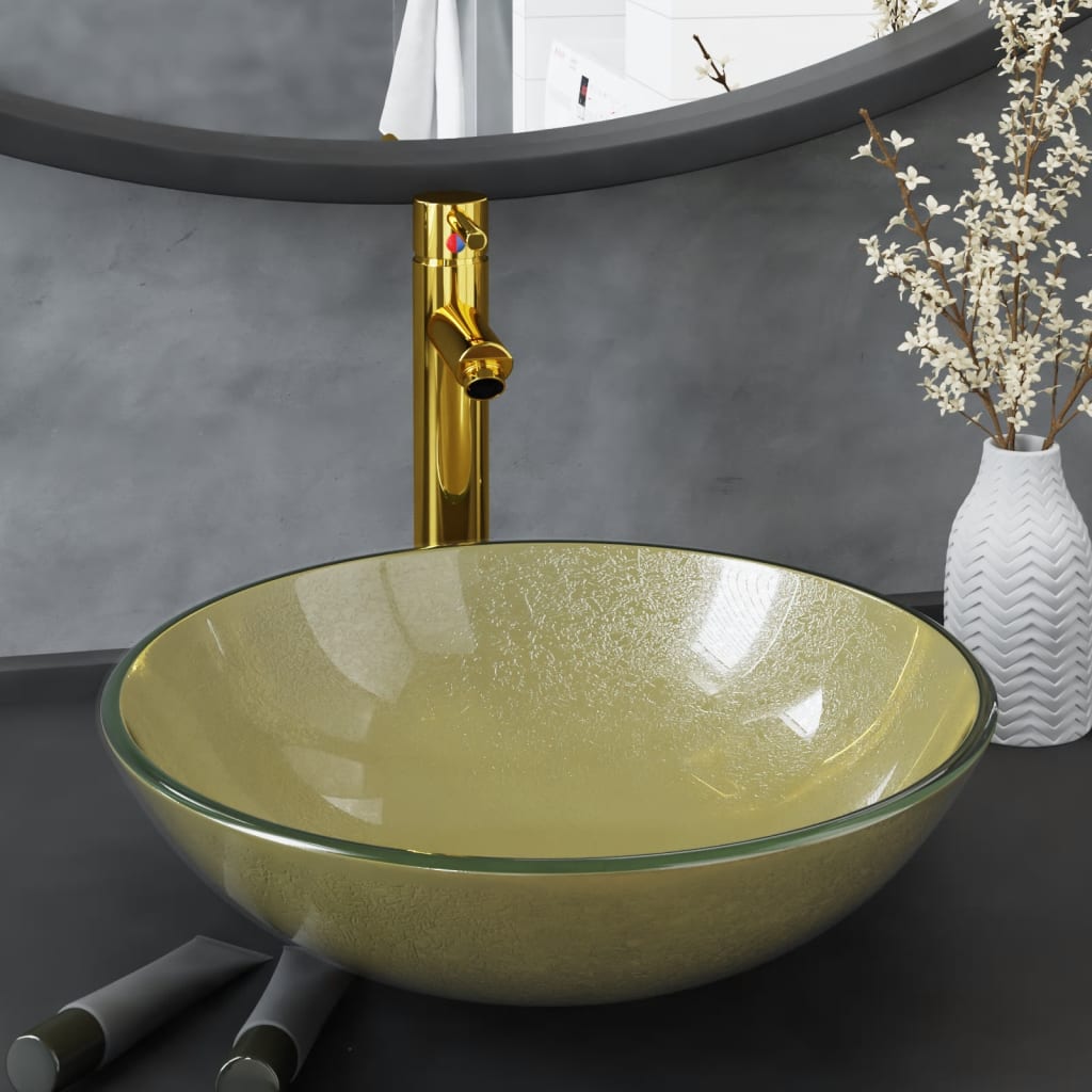 Lavabo de bain avec robinet et drain à poussoir Verre trempé Lavabos vidaXL