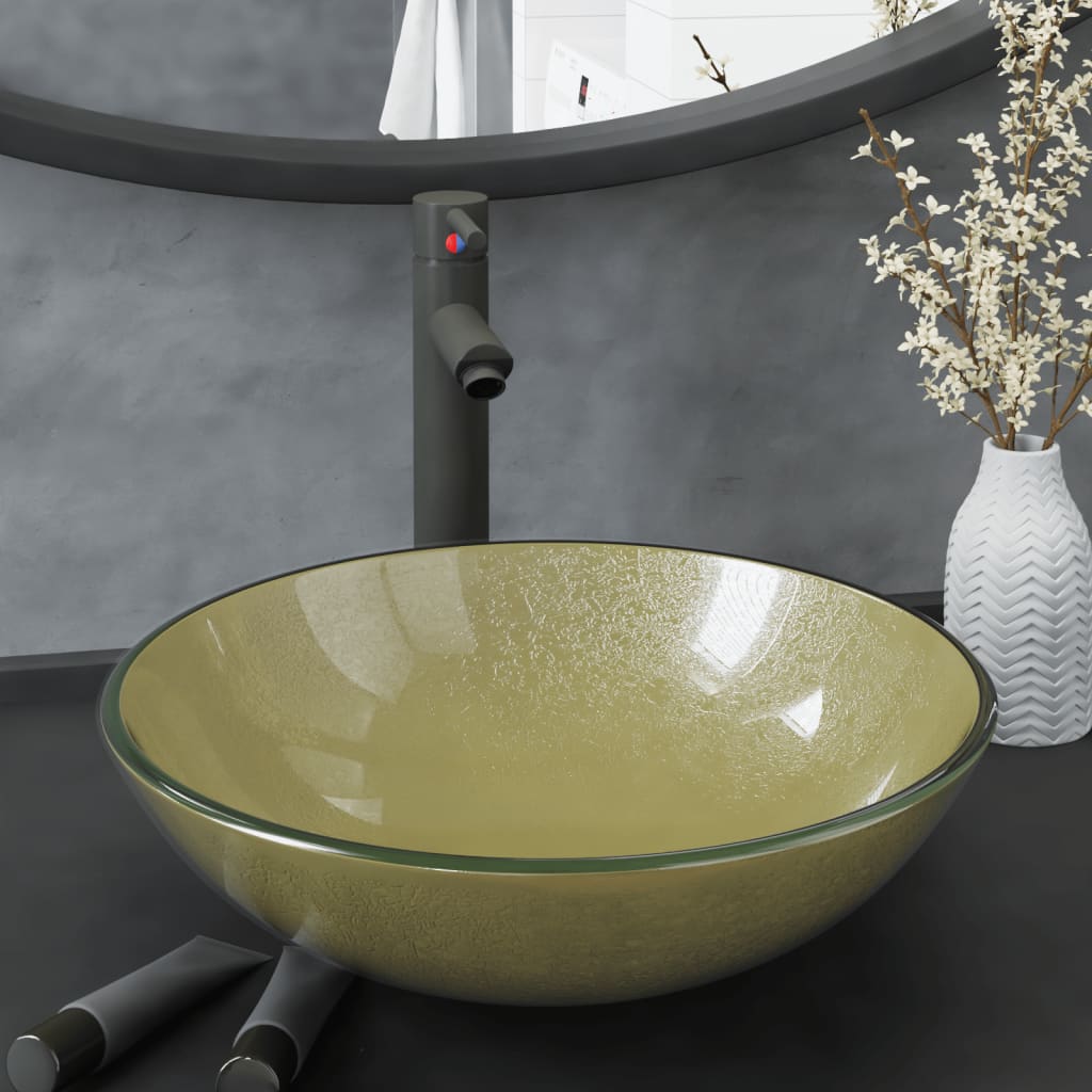 Lavabo de bain avec robinet et drain à poussoir Verre trempé Lavabos vidaXL