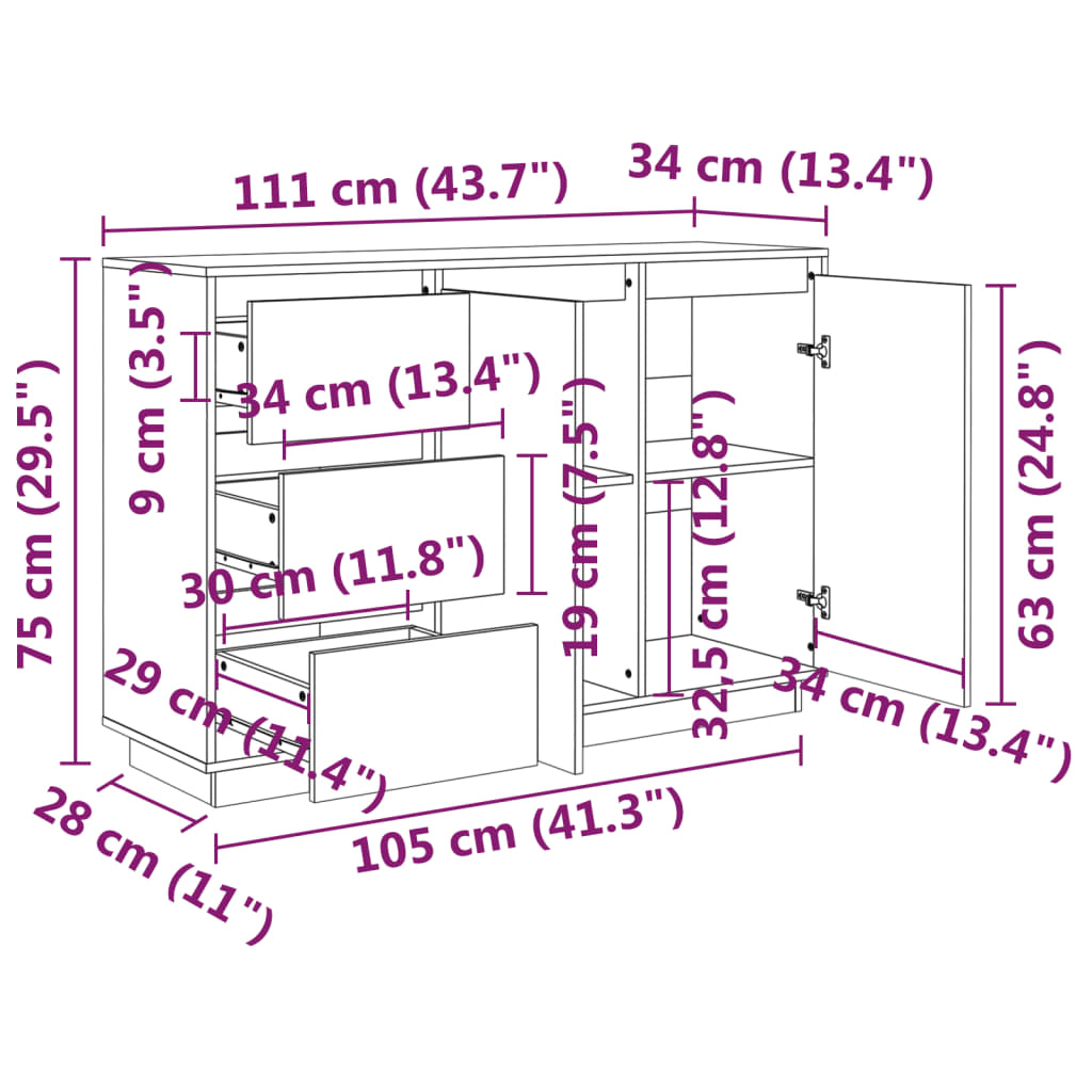 Buffet 111x34x75 cm Bois massif de pin - XIOS