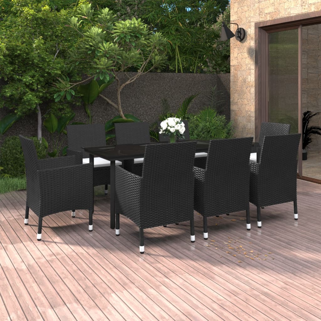 Ensemble à manger de jardin coussins 9 pcs Résine tressée Verre