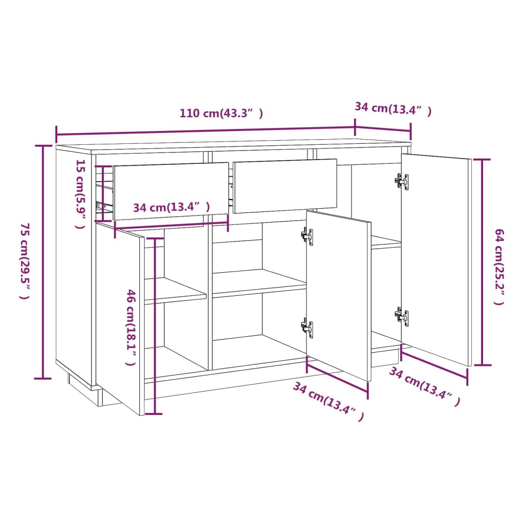 Buffet blanc 110x34x75 cm bois massif de pin - XIOS