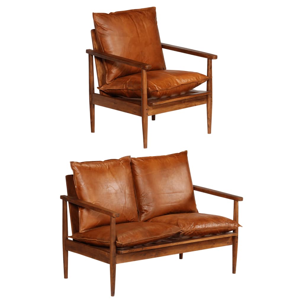 Ensemble de canapés 2 pcs Marron Cuir véritable et acacia - XIOS