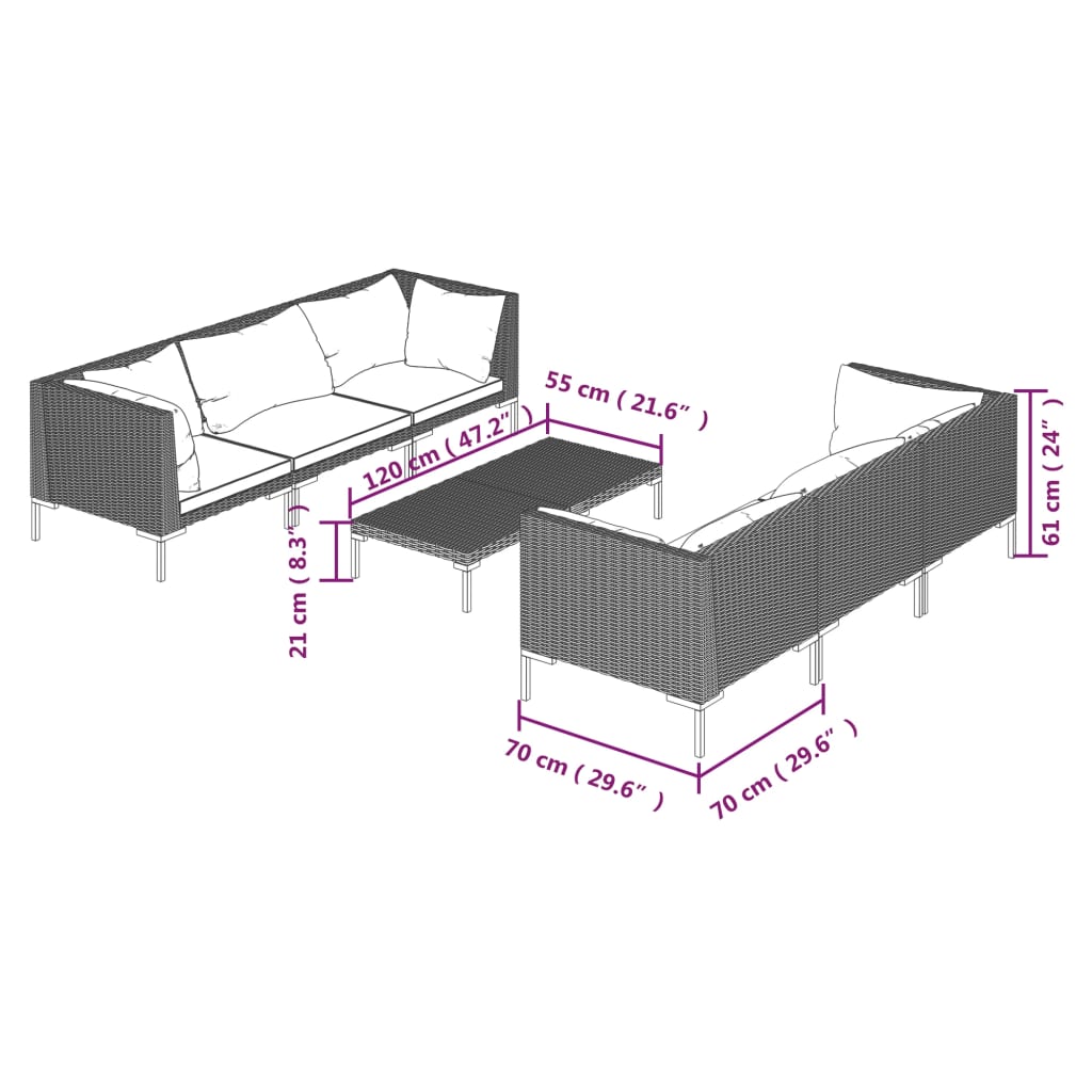 Salon de jardin 7 pcs avec coussins Résine tressée Gris foncé