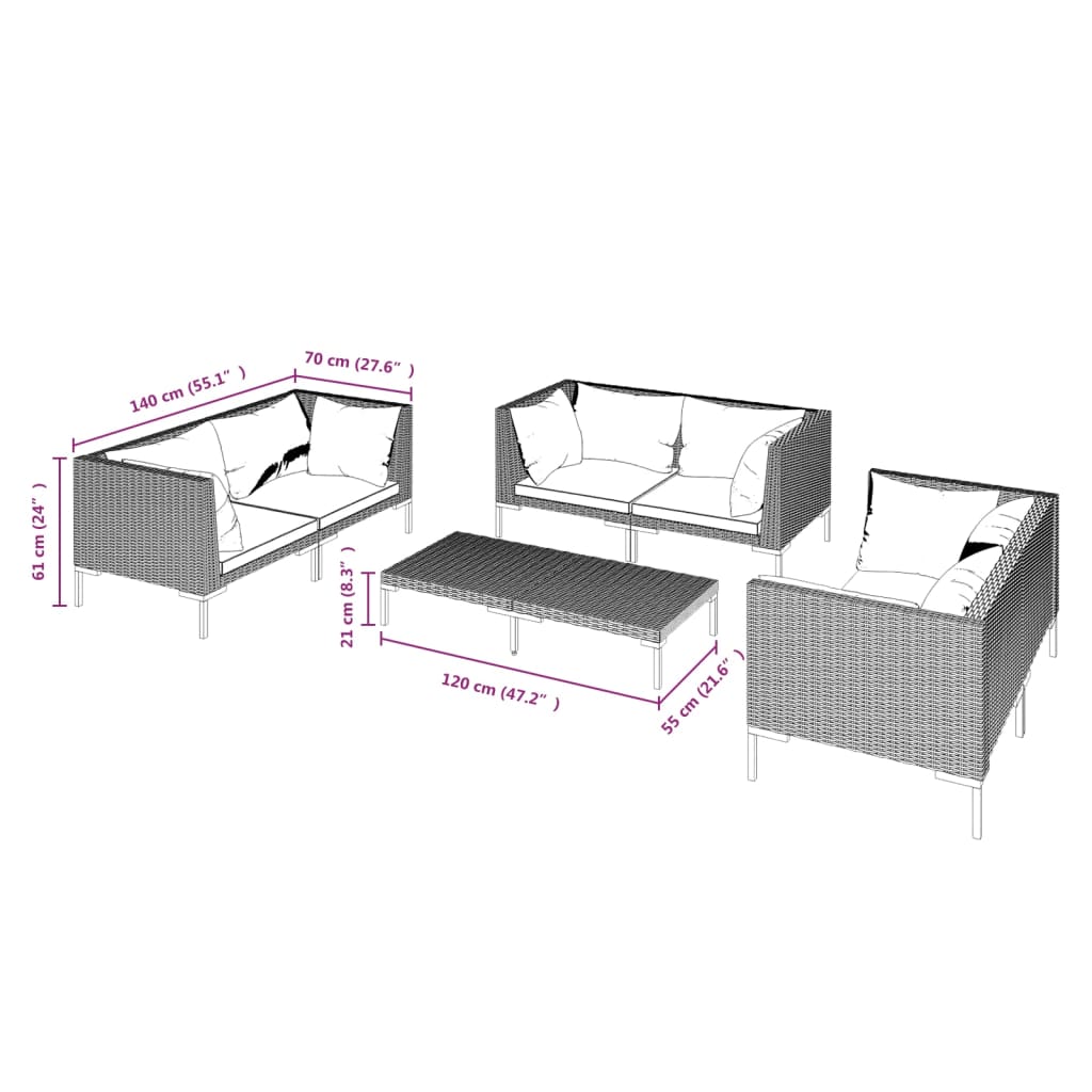 Salon de jardin 7 pcs avec coussins Résine tressée Gris foncé