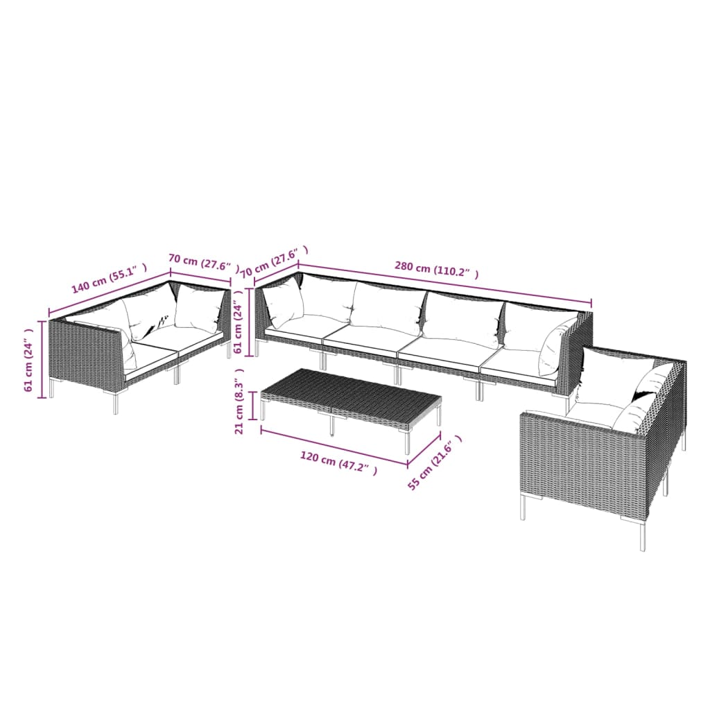 Salon de jardin 9 pcs avec coussins Résine tressée Gris foncé