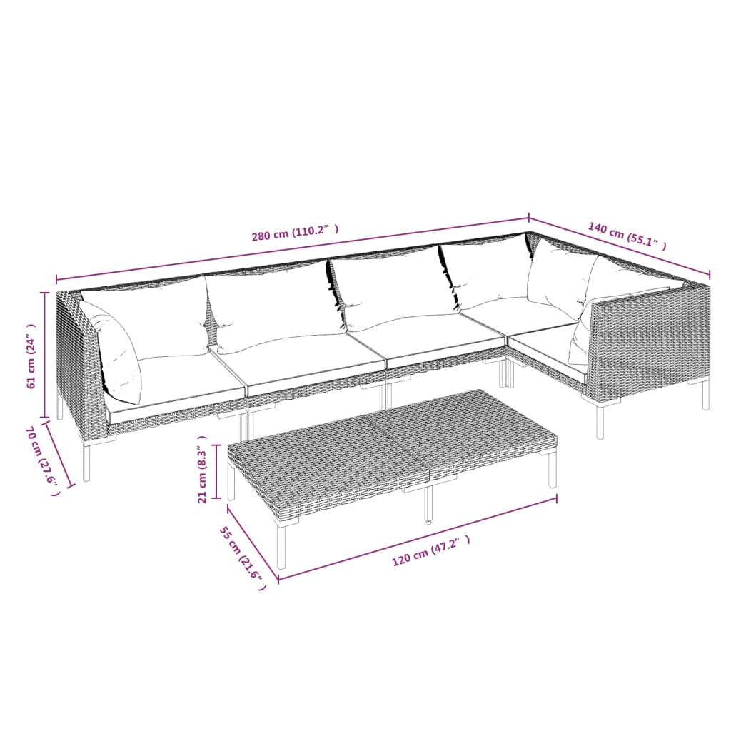 Salon de jardin 6 pcs avec coussins Résine tressée Gris foncé
