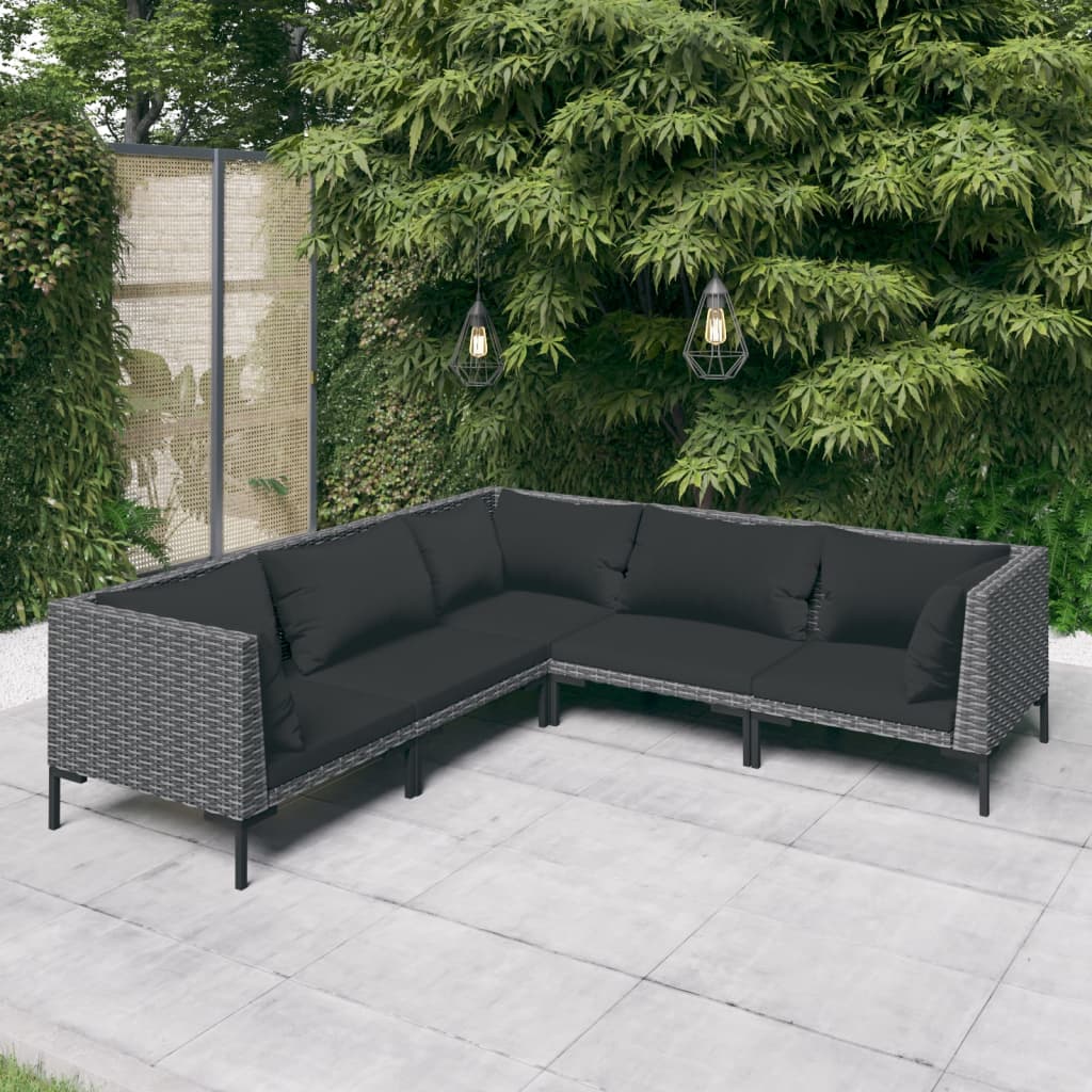 Salon de jardin 5 pcs avec coussins Résine tressée Gris foncé