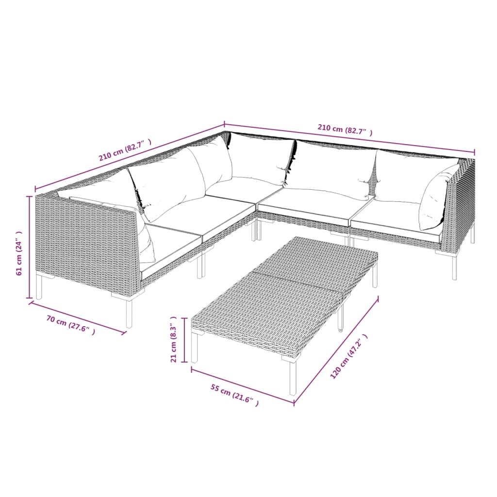 Salon de jardin 6 pcs avec coussins Résine tressée Gris foncé