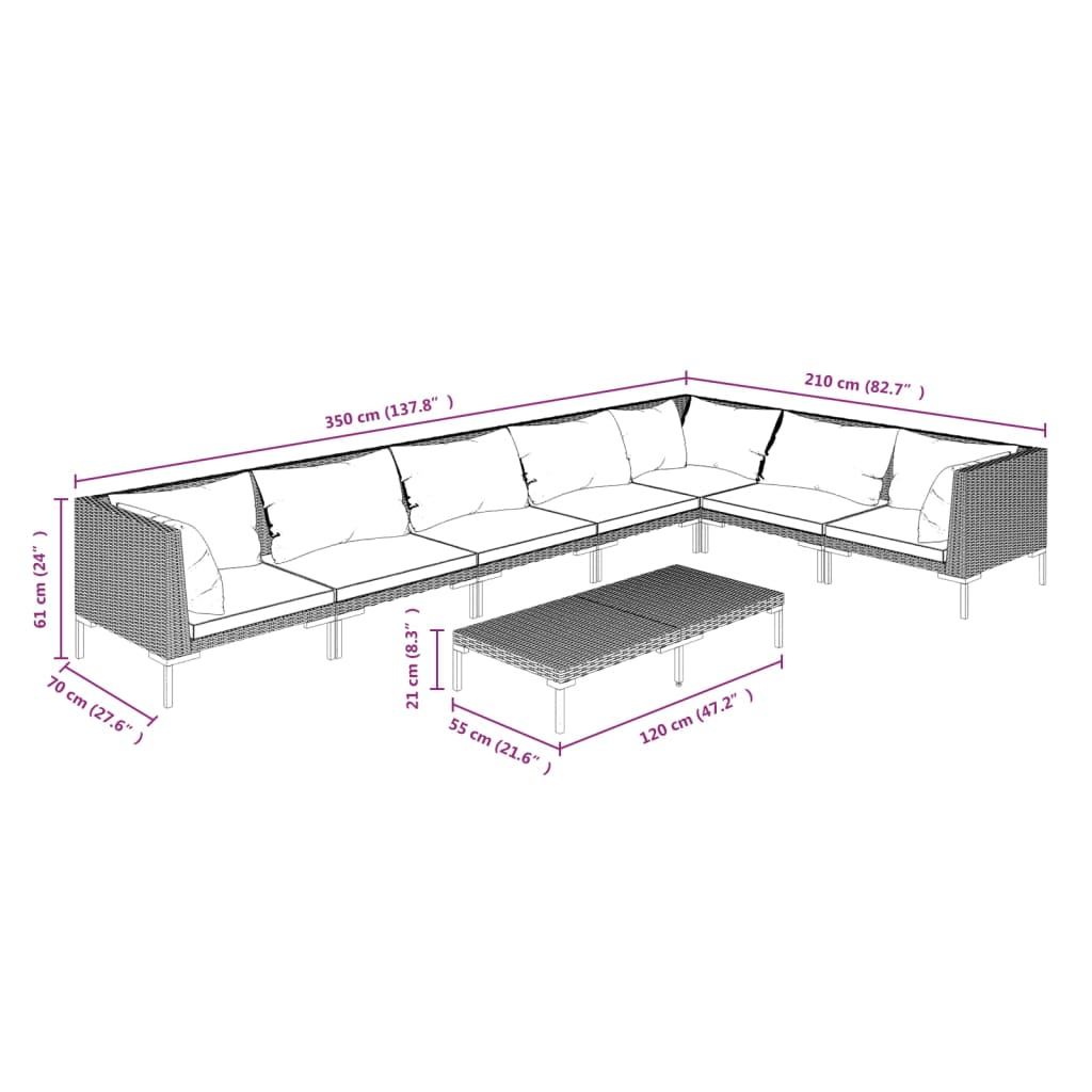 Salon de jardin 8 pcs avec coussins Résine tressée Gris foncé