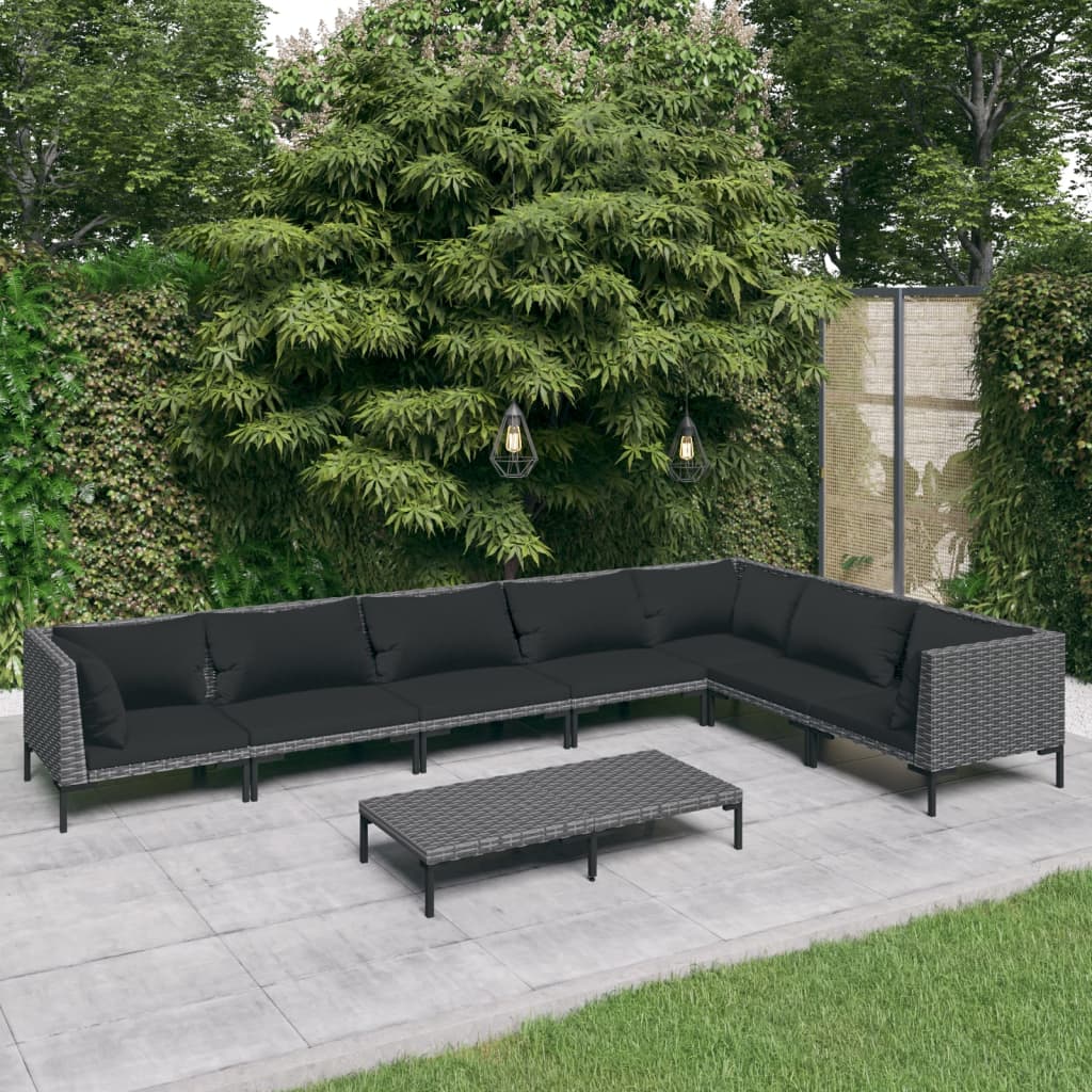 Salon de jardin 8 pcs avec coussins Résine tressée Gris foncé