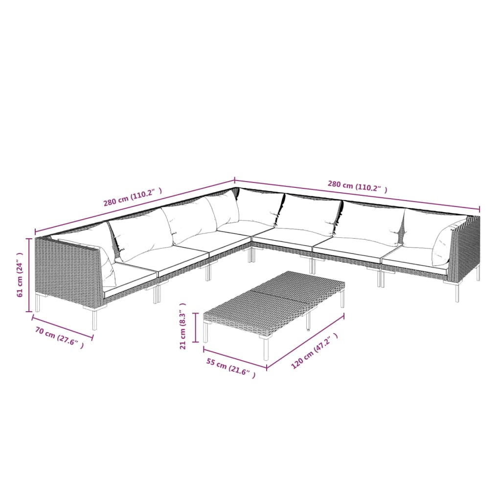 Salon de jardin 8 pcs avec coussins Résine tressée Gris foncé