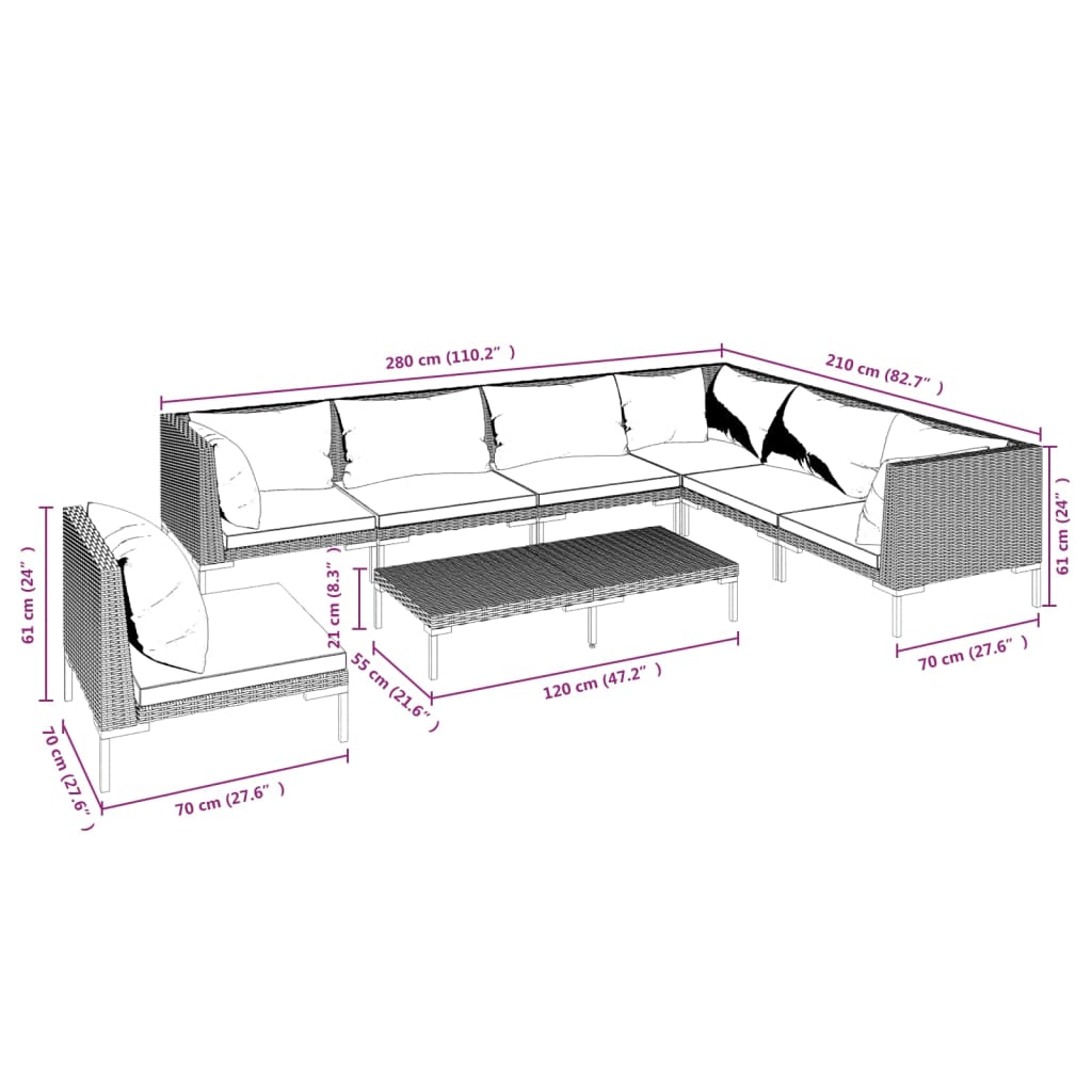 Salon de jardin 8 pcs avec coussins Résine tressée Gris foncé