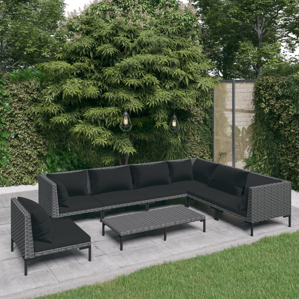 Salon de jardin 8 pcs avec coussins Résine tressée Gris foncé